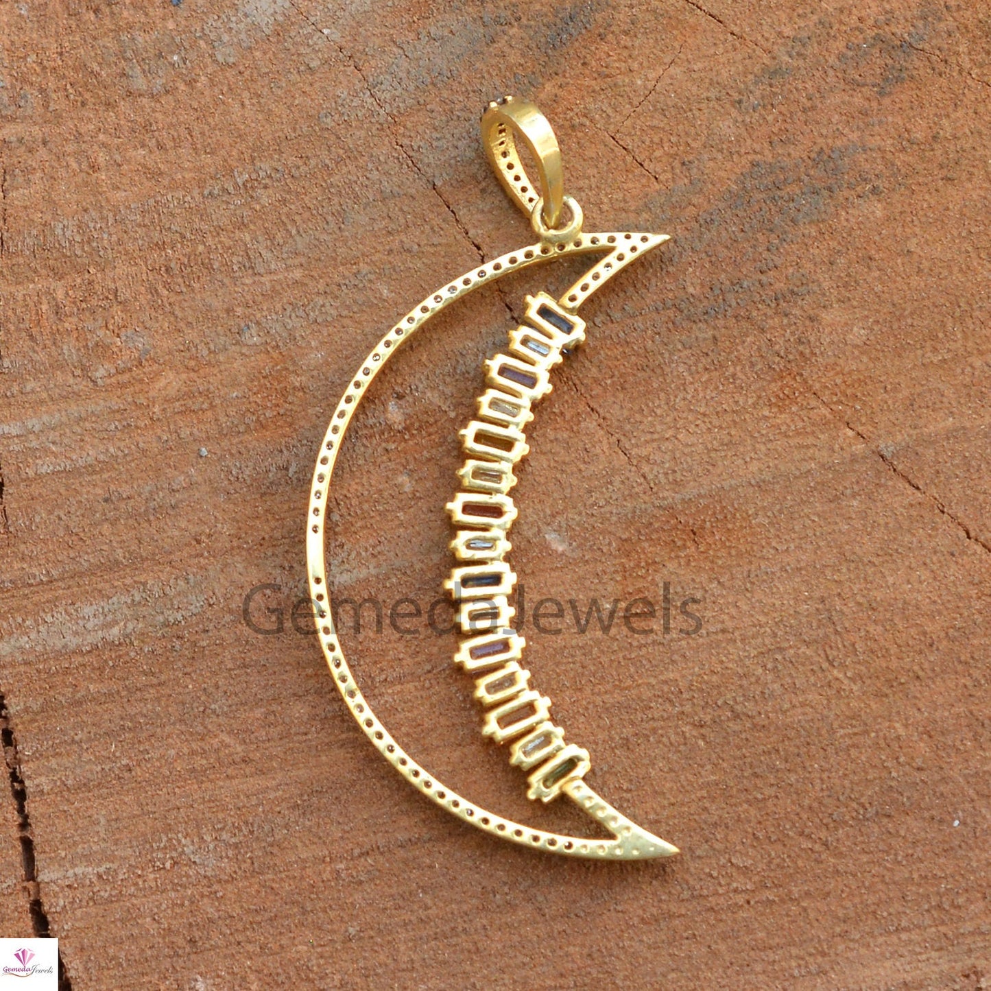 Real Multi Sapphire Pendant, Crescent Moon Pendant, 925 Silver Jewelry, Gold Vermeil Jewelry, Pave Diamond Pendant 16" Link Chain Necklace