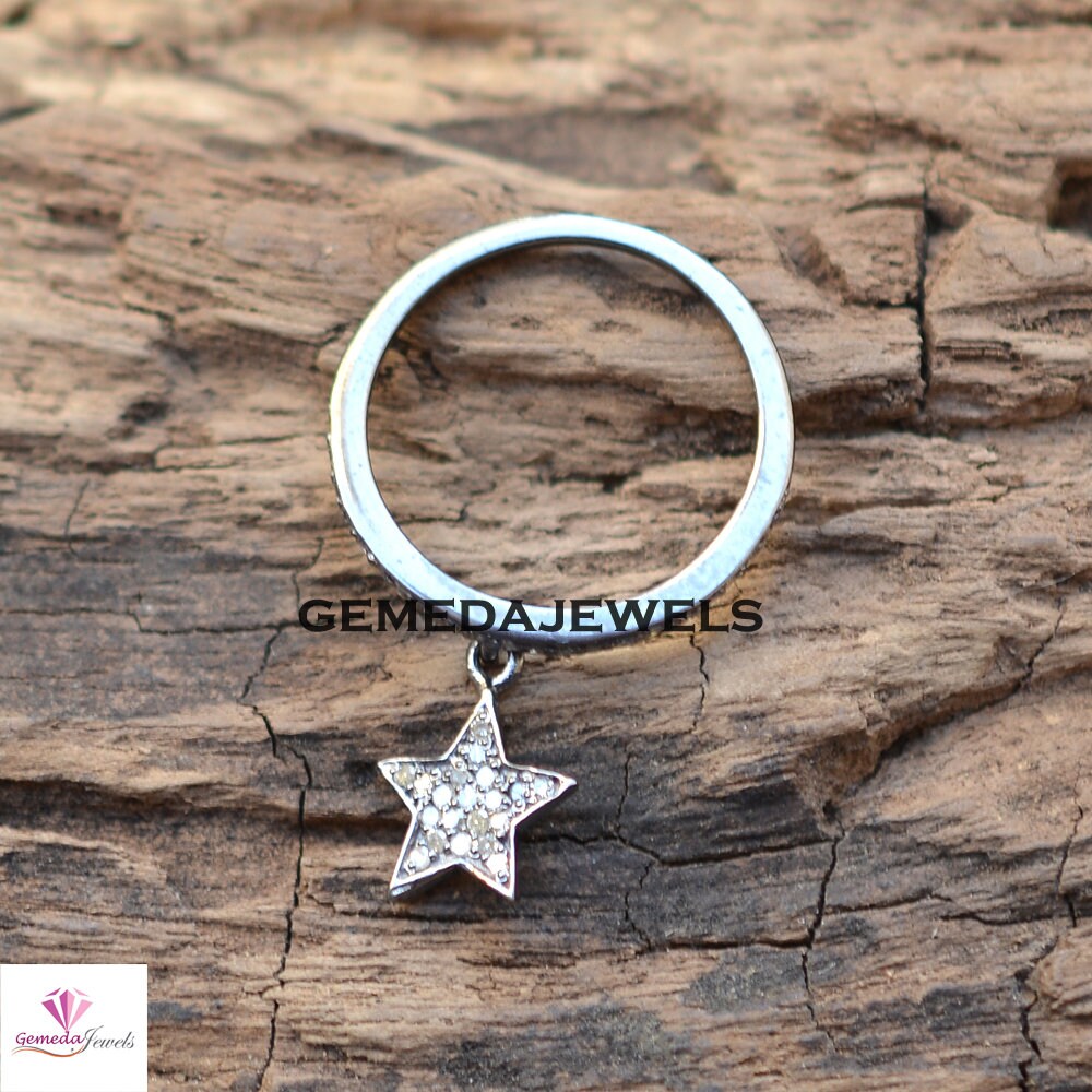Pave Diamond Band Ring, Star Connector Band Ring, Gold Plated Star Jewelry, Rhodium Plated Star Ring, 925 Silver Jewelry, Minimalist Jewelry