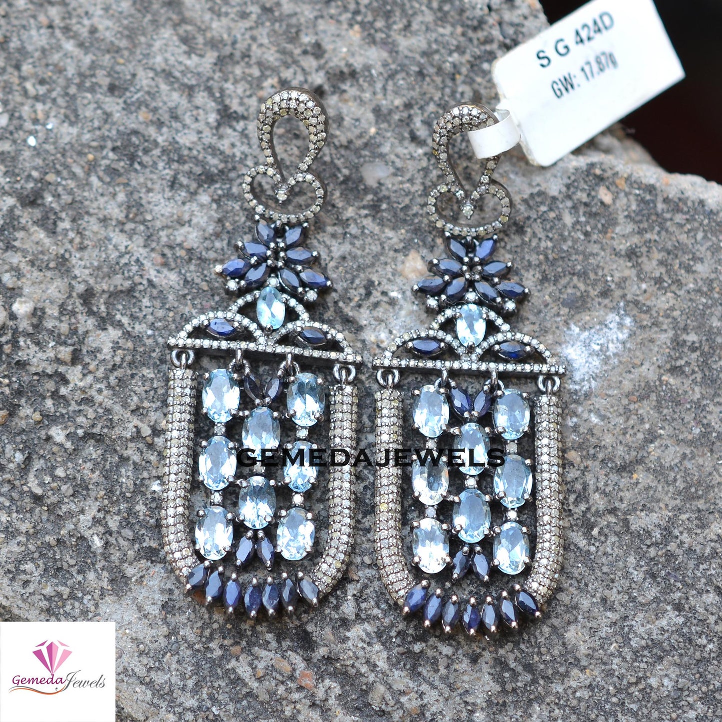 Sale Blue Topaz Designer Earrings, Sapphire Gemstone Jewelry, Rhodium Plated 925 Silver Earring, Pave Diamond Earrings, Women's Gift Jewelry