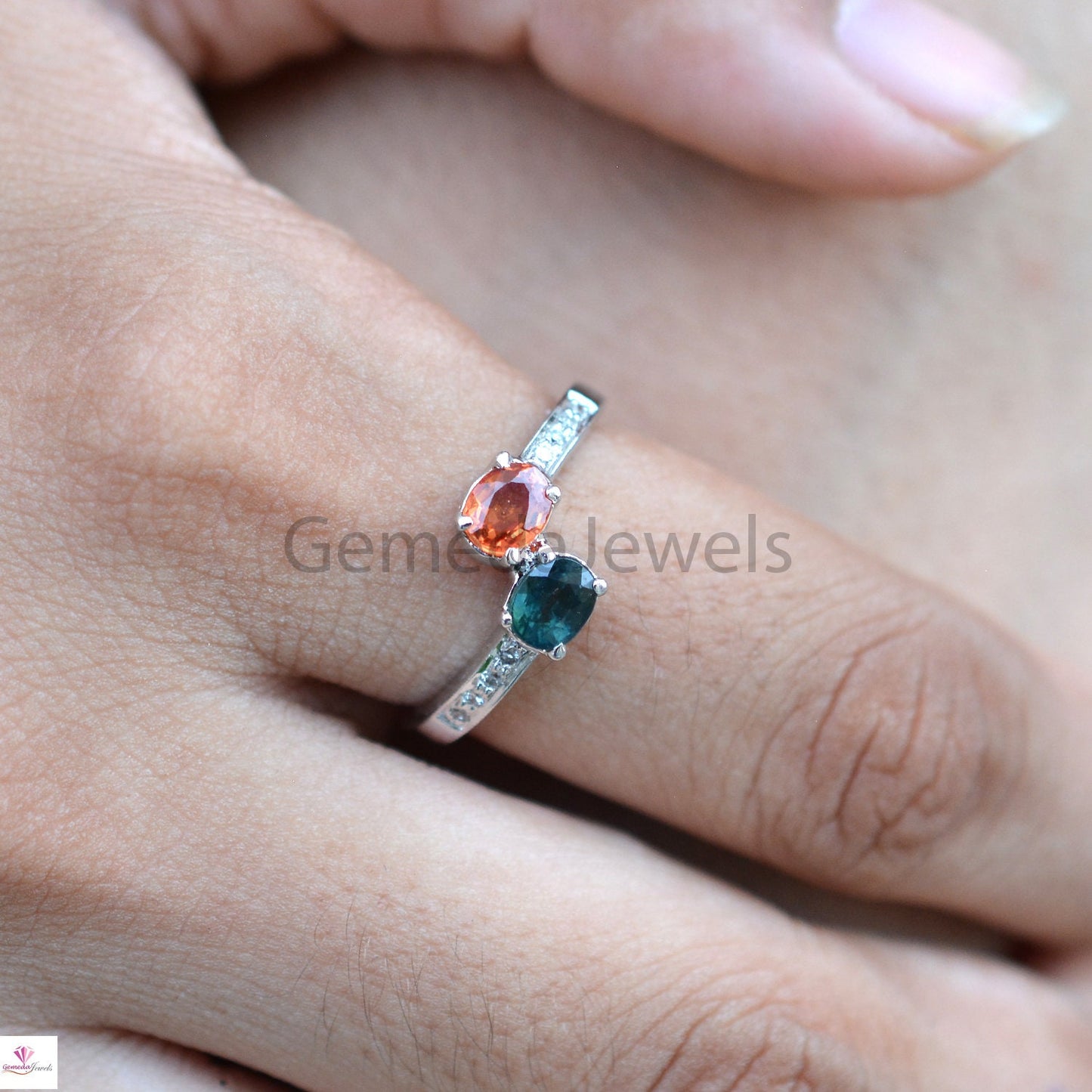 Genuine Blue Yellow Sapphire Ring, Oval Shape Faceted Gemstone Ring, Pave Diamond Silver Ring, Statement Ring, Valentine Day Gift For her