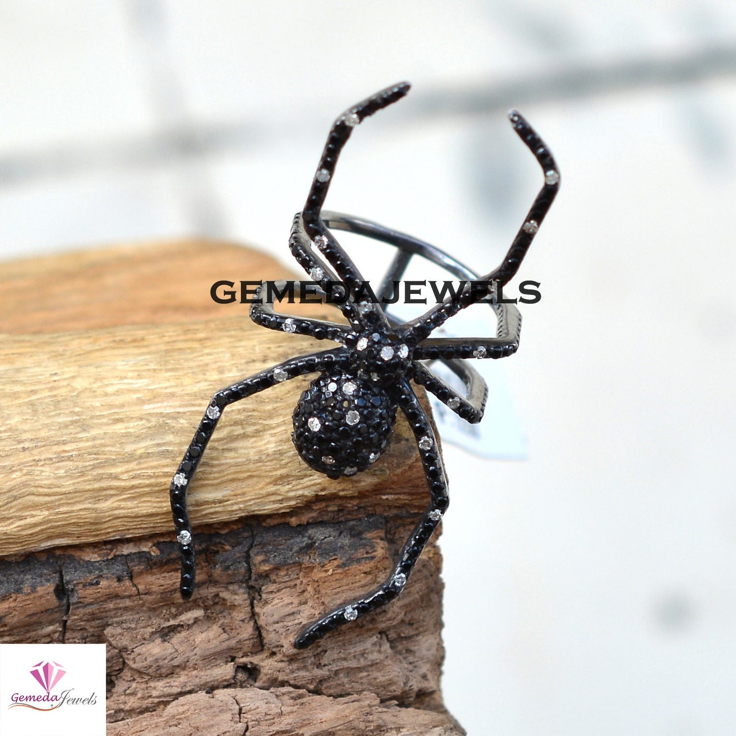 Black Spinel Spider Ring, Pave Diamond Ring, Black Rhodium Silver Ring, 925 Sterling Silver Ring, Women's Ring Jewelry, Gemstone Spider Ring