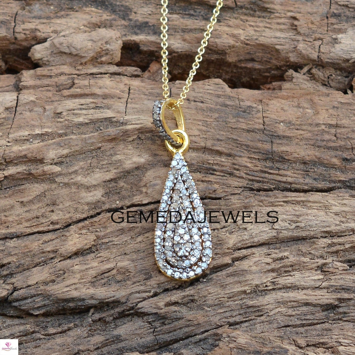 Pave Diamond Charm Pendant, Solid 925 Sterling Silver Jewelry, 14k Gold Vermeil Pendant, 16" Silver Link Chain Necklace, Minimalist Jewelry