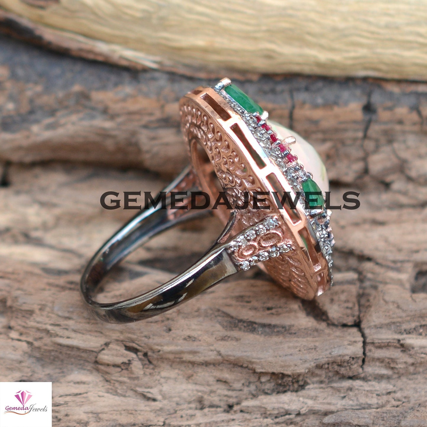 Genuine Opal 925 Silver Ring, Pave Diamond Jewelry, Baguette Gemstone Jewelry, Gemstone Diamond Flower Ring, Emerald Gemstone Ring, Gift