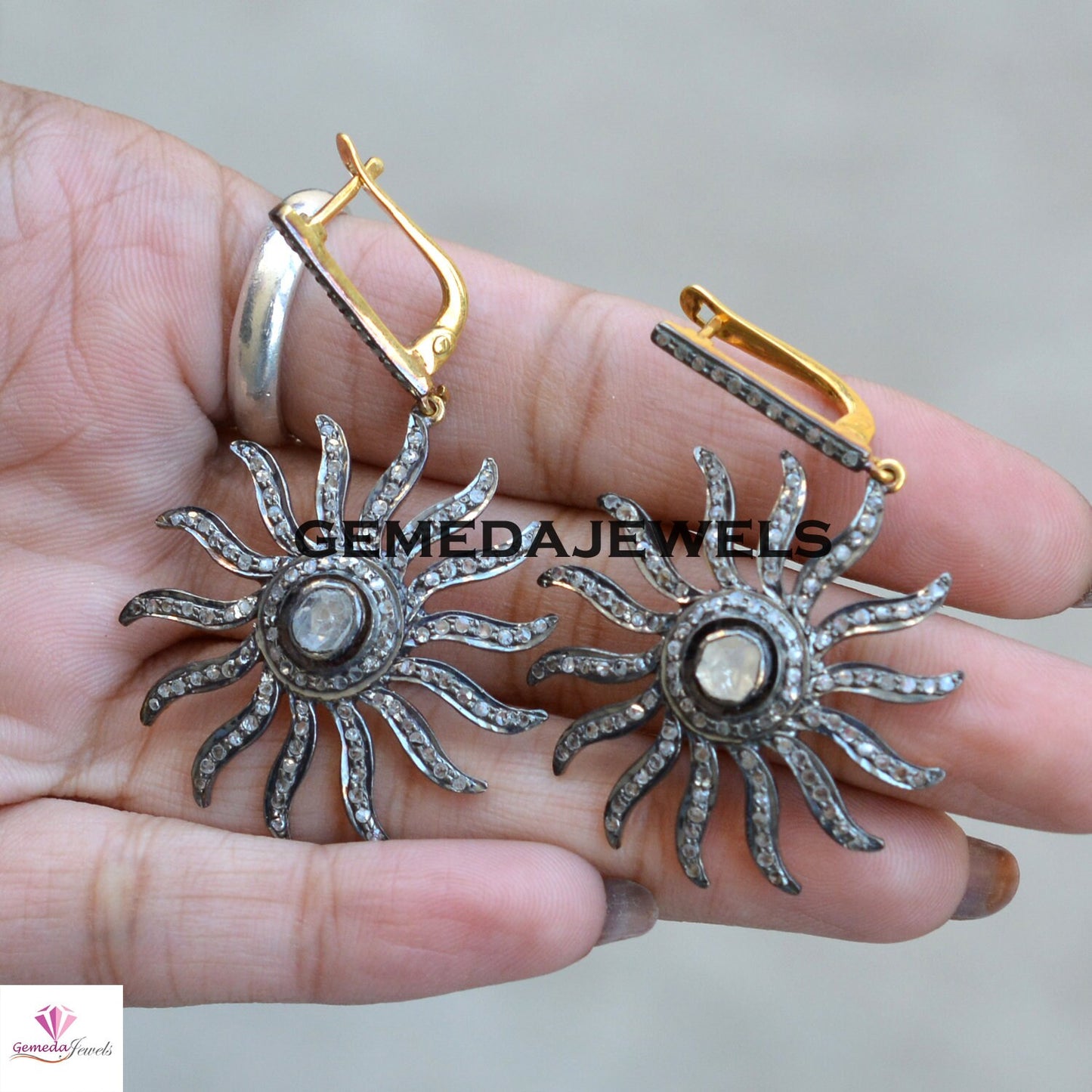 Polki Diamond Sun Earrings, 925 Silver Sun Jewelry, Gold Vermeil Earrings, Pave Diamond Earrings, Diamond Silver Jewelry, Valentine's Gift