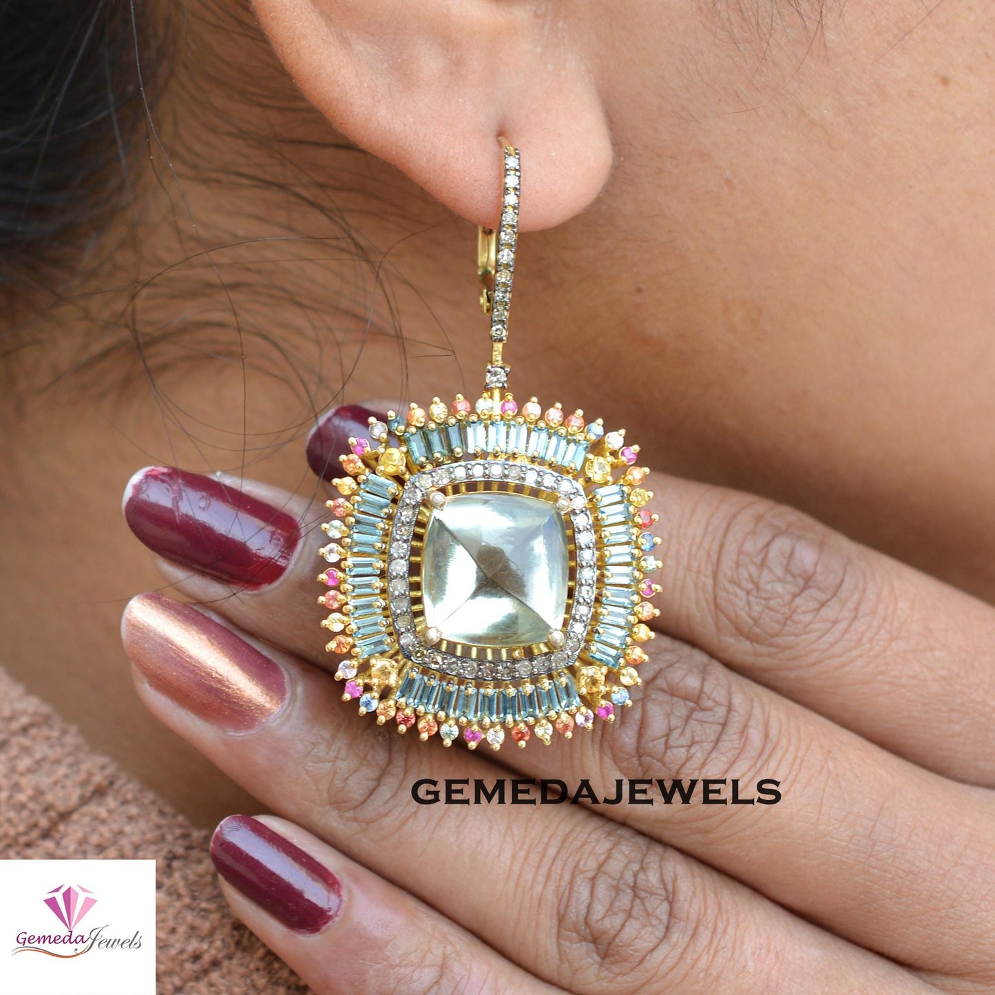 Multi Color Gemstone Jewelry Set, Green Gemstone Jewelry, Pave Diamond Jewelry Sets, 925 Silver Ring Earrings Set, 14k Gold Plated Jewelry