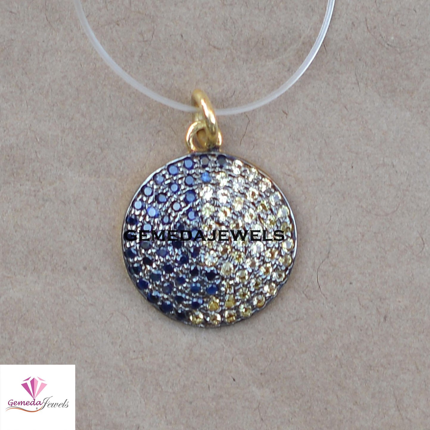 Natural Sapphire Pendant, Citrine Gemstone Pendant, 16" Silver Link Chain Necklace, Pave Diamond Jewelry, Disc Charm Pendant, Minimalist