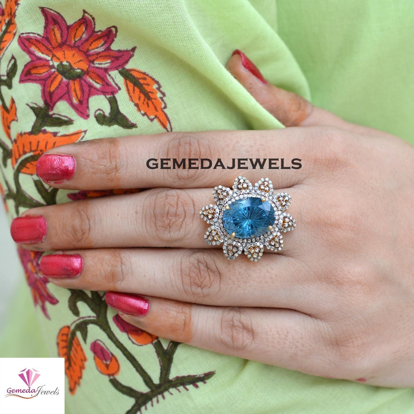 Blue Topaz Earrings, Pave Diamond Flower Earrings, 925 Silver Jewelry, Gemstone Diamond Ring Earrings JEWELLERY SET, Gold Vermeil Jewelry