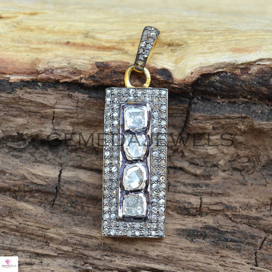 Polki Diamond Pendant, 925 Silver Gold Plated Pendant, Pave Diamond Pendant, Diamond Charm Pendant, 16" Silver Chain Necklace, Gift For Her
