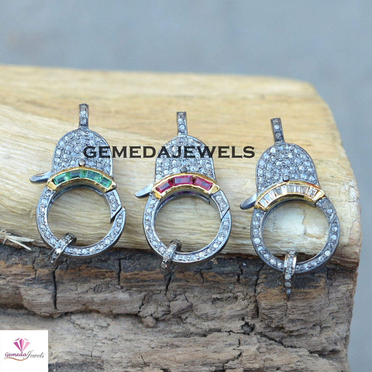 Sale Emerald Silver Lock, Pave Diamond Lock, Ruby Gemstone Clasp, Baguette Diamond Lobster Claw, 925 Silver Jewelry, Diamond Finding Jewelry