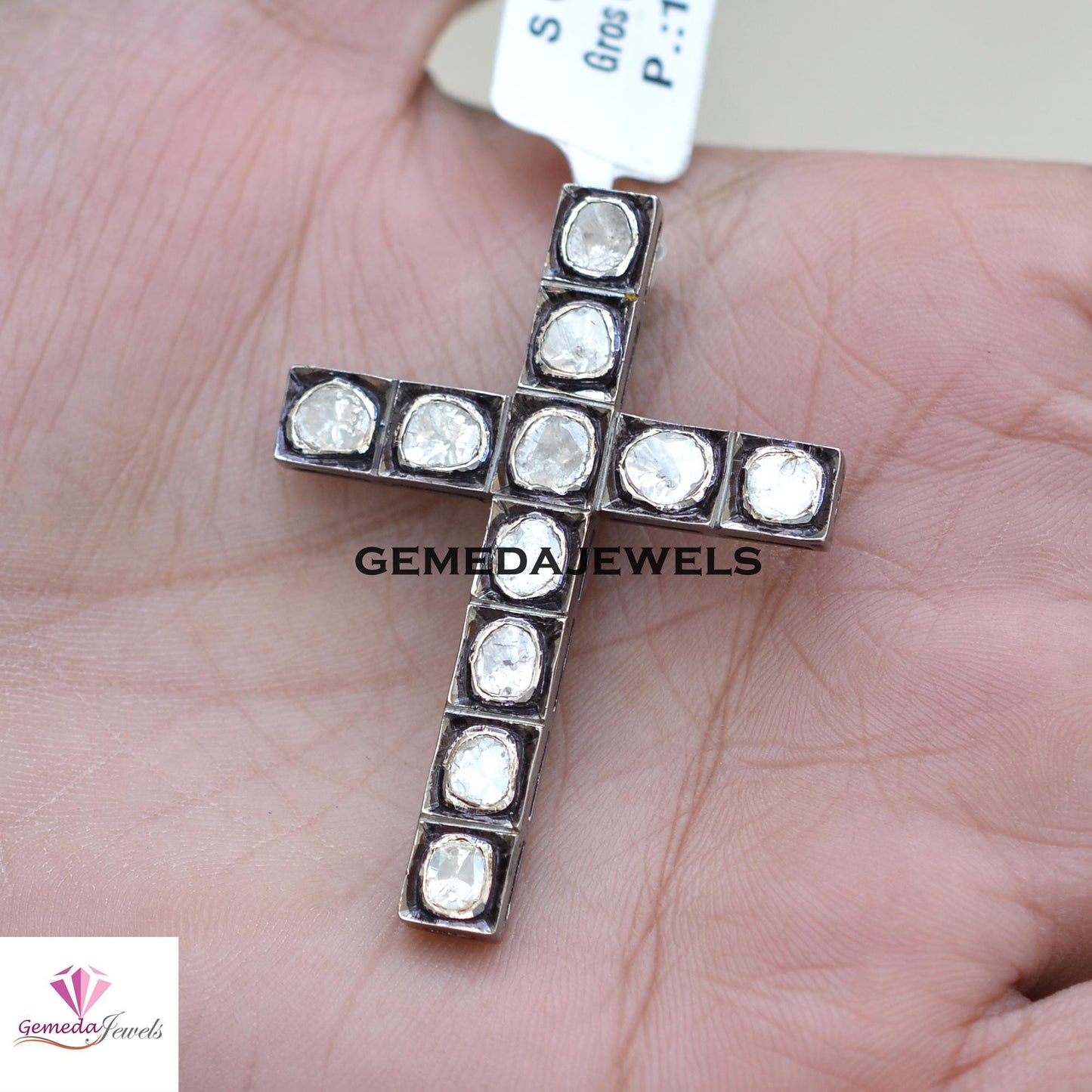 Sale!! Polki Diamond Cross Pendant, 925 Sterling Silver Jewelry, Gray Rhodium Plated Pendant, 16" Link Chain Necklace, Religious Jewelry