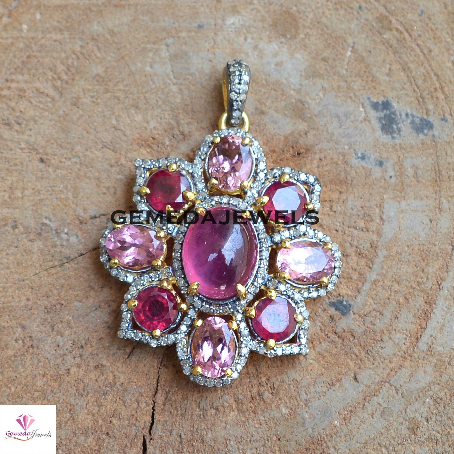 Sale! Ruby Floral Pendant, Pave Diamond Jewelry, 925 Silver Pendant, Gold Filled Jewelry, Sapphire Silver Pendant, 16" Chain Necklace, Gifts