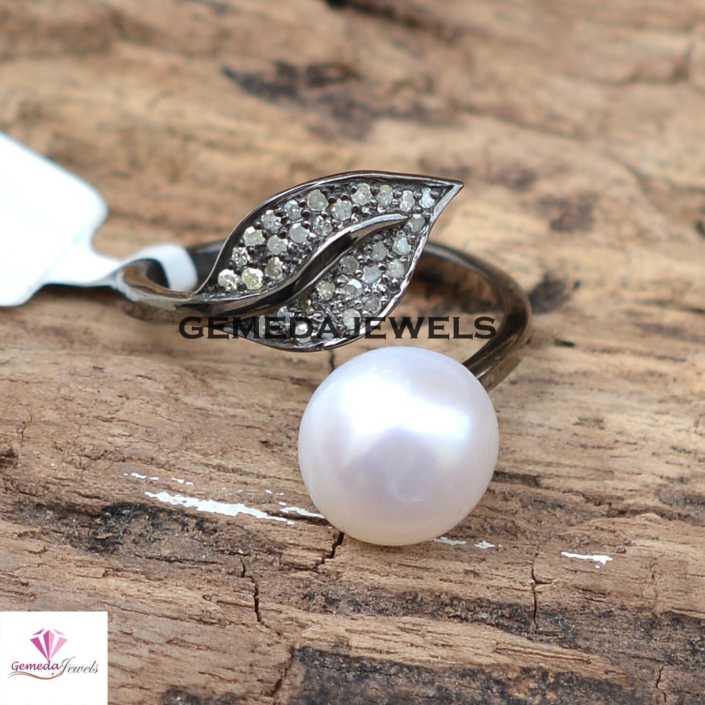 Sale! White Pearl Ring, Pave Diamond Leaf Ring, Gemstone Silver Ring, Sterling Silver Jewelry, Minimalist Jewelry, Rhodium Plated Ring, Gift