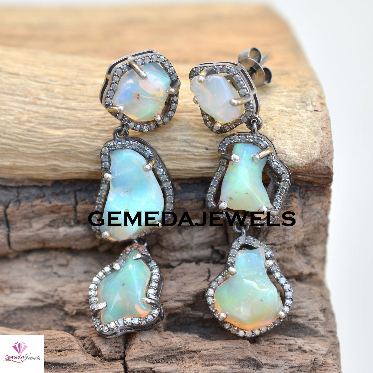 Sale Opal Gemstone Necklace, Pave Diamond Earrings, Opal Necklace Earrings Jewelry Set, 925 Solid Silver, 18" Silver Link Chain Necklace