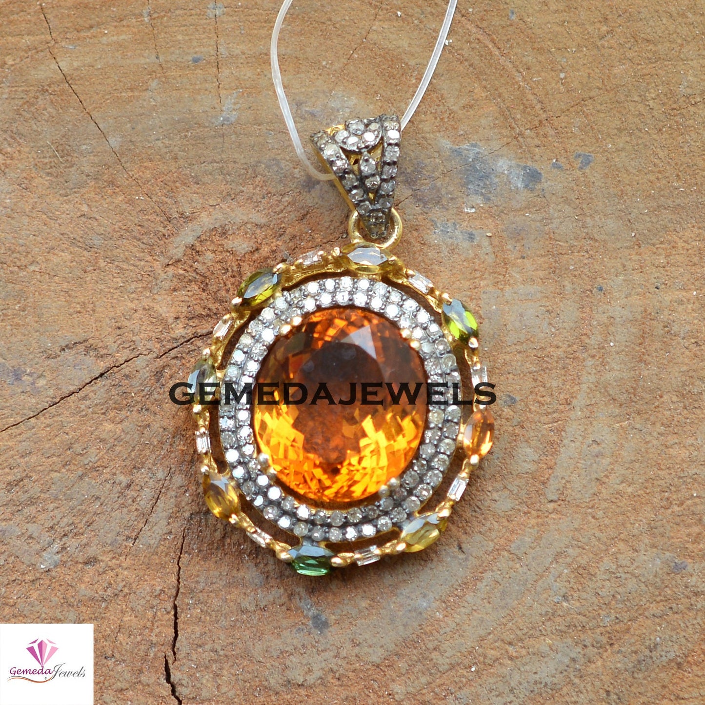 New Arrival Citrine Diamond Pendant, Pave Diamond Jewelry, Multi Gemstone Pendant, 925 Silver Jewelry, 14k Gold Plated Pendant, 16" Chain