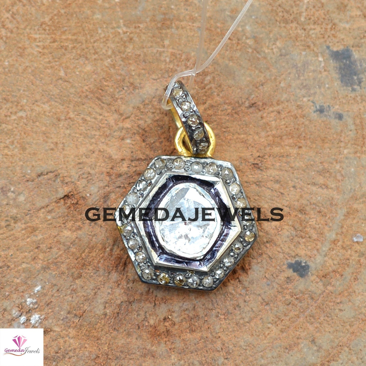 Sale! Rose Cut Polki Diamond Pendant, Yellow Vermeil 925 Silver Pendant, 16" Silver Link Chain Pendant, Hexagon Shape Jewelry, Gift For her