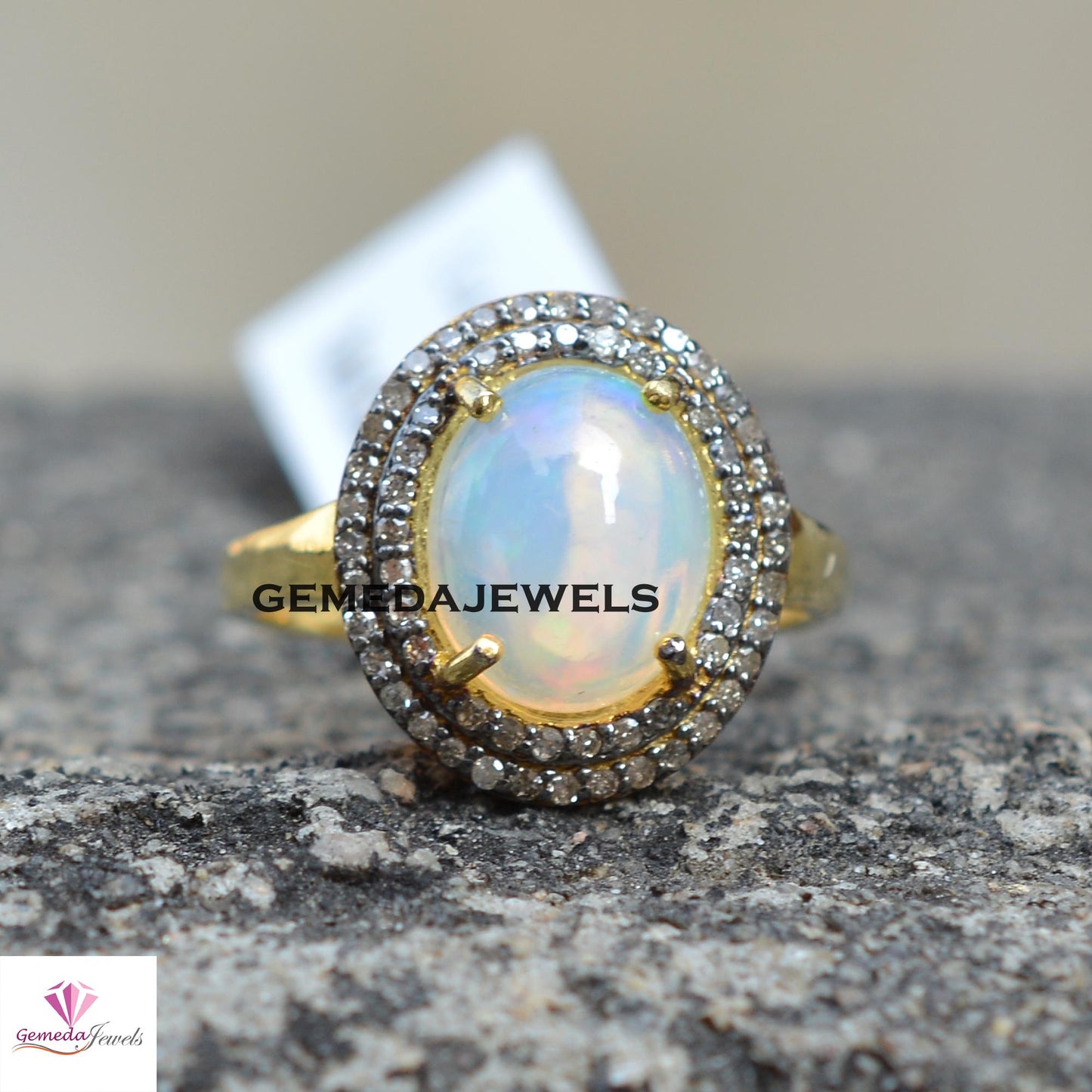 925 Silver Jewelry Genuine Opal Gemstone Ring, Pave Diamond Ring Yellow Gold Vermeil Jewelry, Gemstone Diamond Jewelry, Valentine's Gift