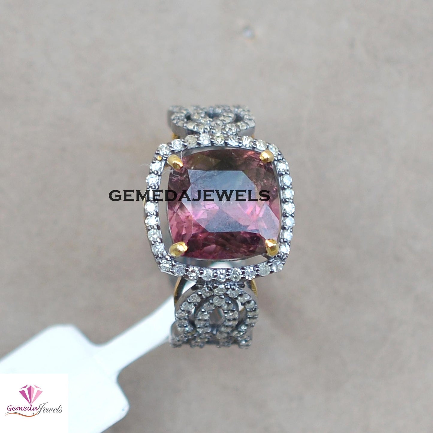Sale! Pink Tourmaline Gemstone Ring, Pave Diamond 925 Silver Jewelry, Rhodium Plated Ring, Gemstone Diamond Jewelry, Women's Ring Jewelry