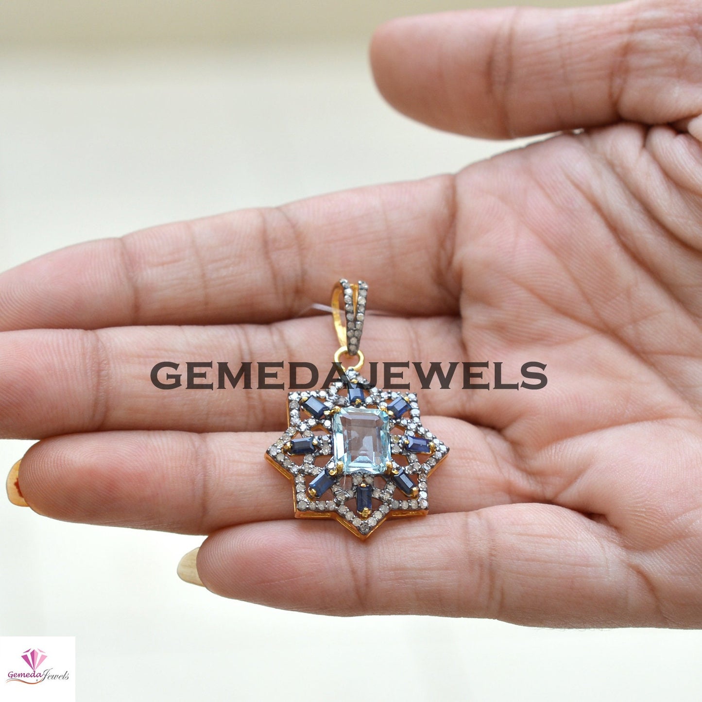 Blue Topaz Flower Pendant, Sapphire Gemstone Jewelry, 925 Silver Pendant, Gold Plated Pave Diamond Jewelry, 16" Link Chain Pendant Necklace