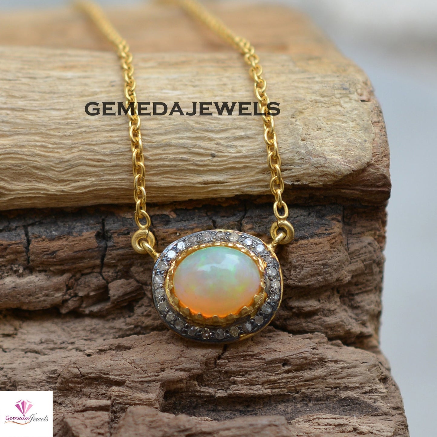 Genuine Opal Gemstone Charm Pendant, 925 Silver Pendant, Pave Diamond Jewelry, 14k Gold Plated 18" Link Chain Necklace, Gemstone Jewelry