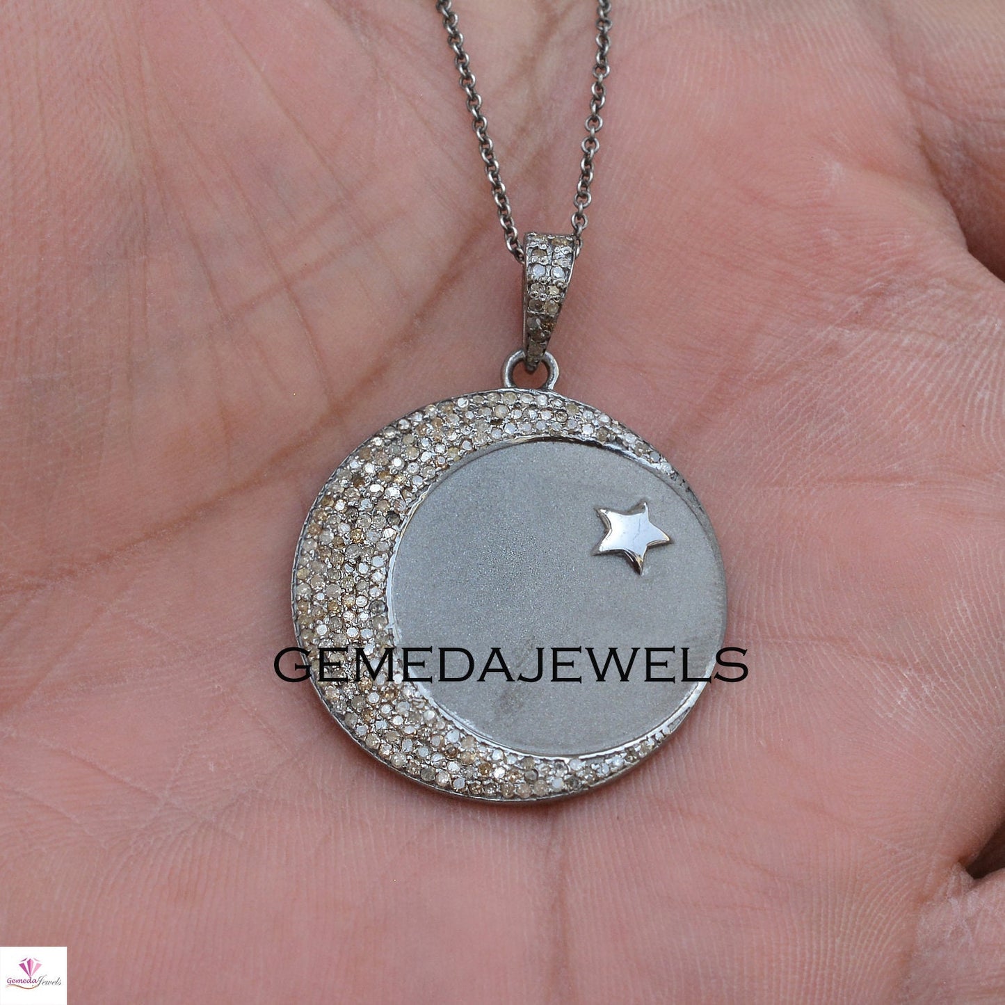 Pave Diamond Pendant, Diamond Crescent Moon Charm Pendant, 925 Silver Star Jewelry, Diamond Necklace, 16" Silver Chain, Wedding Jewelry