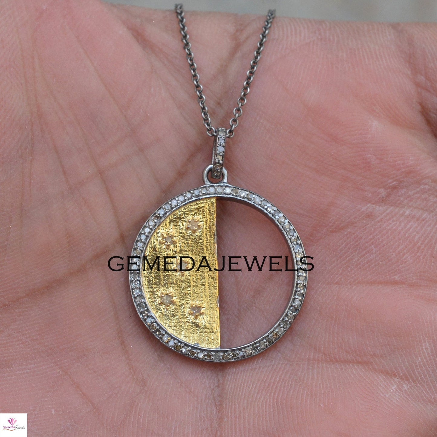 Sale !! Pave Diamond Pendant, 16" Silver Chain, 925 Silver Charm Jewelry, Diamond Silver Pendant, Diamond Necklace, Handmade Pendant, Gifts