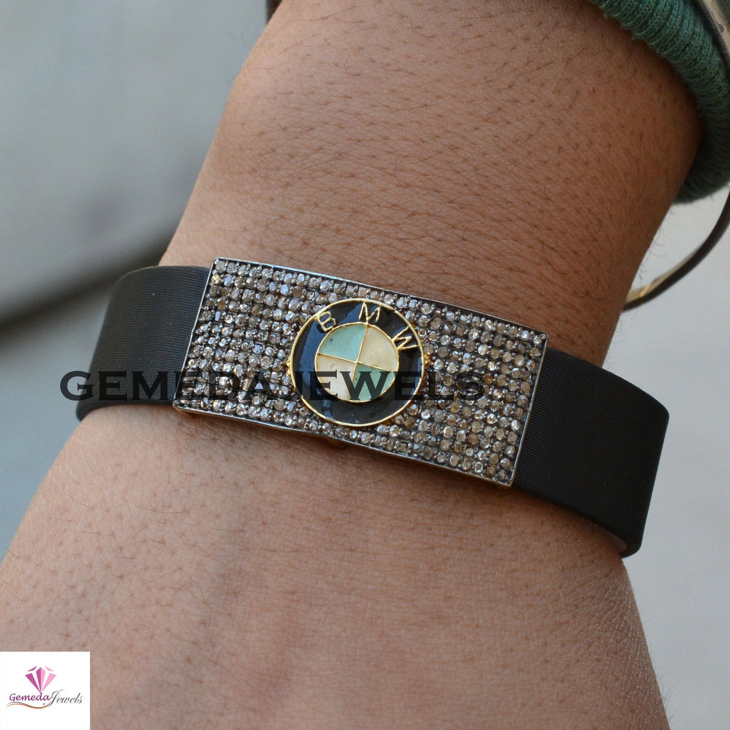 Diamond Jewelry, Pave Diamond Bracelet, Leather Bracelet, Diamond Silver Bracelet, Connector Logo Bracelet, 925 Silver Unisex Jewelry, Gifts