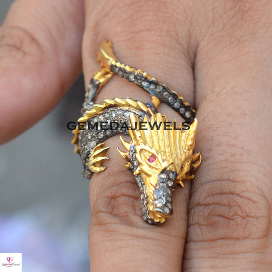 Pave Diamond Dragon Ring, 925 Silver Jewelry, Gold Plated Ring, Fantasy Dragon Ring, Diamond Ring Jewelry, Celtic Dragon Ring, Gift For her
