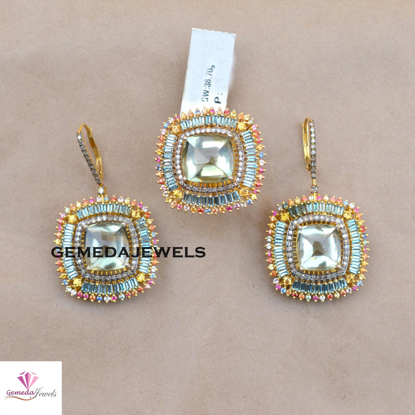 Multi Color Gemstone Jewelry Set, Green Gemstone Jewelry, Pave Diamond Jewelry Sets, 925 Silver Ring Earrings Set, 14k Gold Plated Jewelry