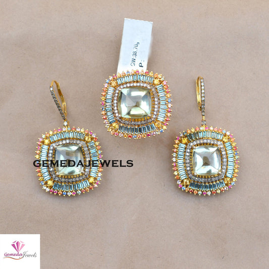 Multi Color Gemstone Jewelry Set, Green Gemstone Jewelry, Pave Diamond Jewelry Sets, 925 Silver Ring Earrings Set, 14k Gold Plated Jewelry
