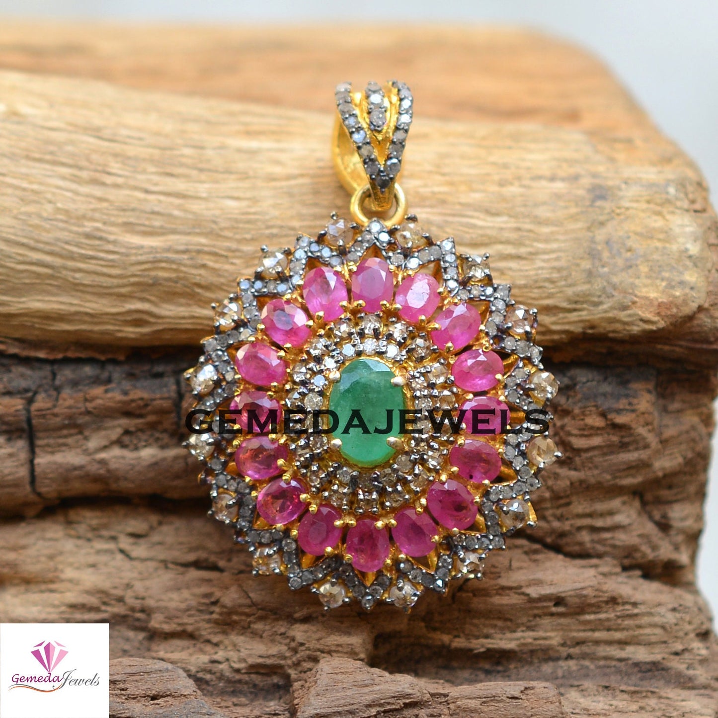 Natural Emerald Gemstone Pendant, Ruby 925 Silver Pendant, Pave Diamond Jewelry, Gemstone Flower Pendant, Gold Vermeil Jewelry, Gift For Her