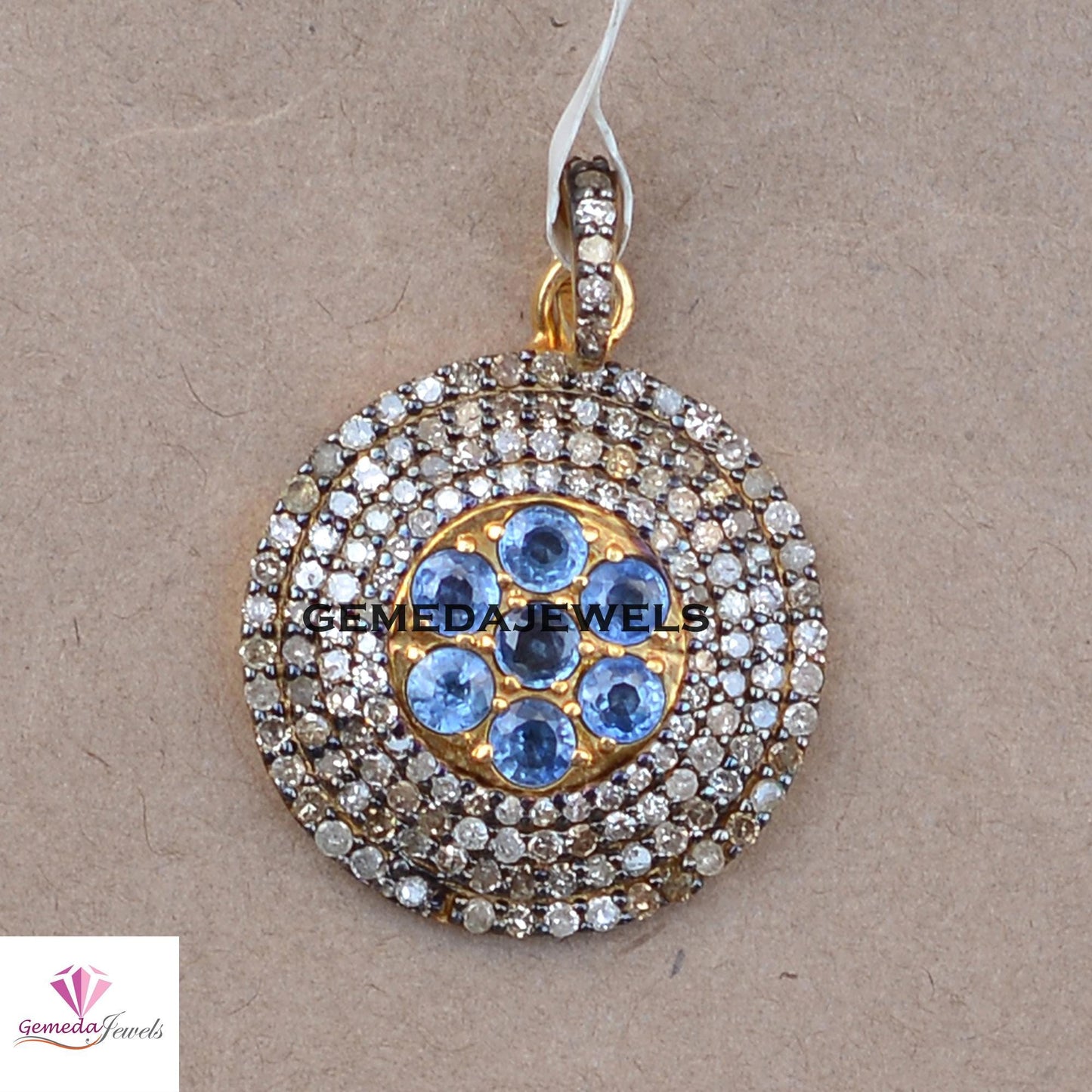 Natural Blue Sapphire Charm Pendant, Pave Diamond Jewelry, Gemstone 925 Silver Pendant, Gold Vermeil Jewelry, 16" Link Chain Necklace, Gift