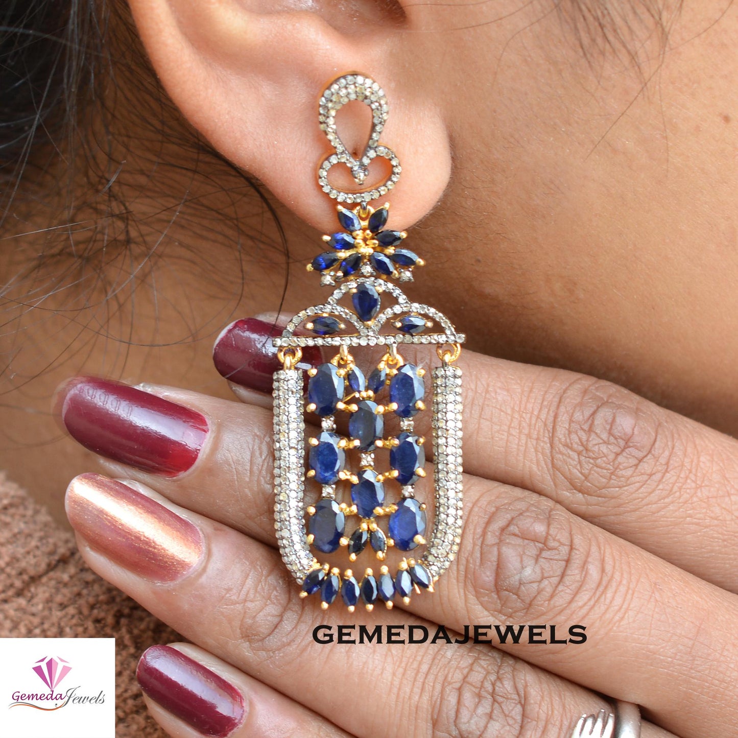 Sale!! Dazzling Blue Sapphire Earrings, Pave Diamond Earrings, 925 Silver Earring, 14k Gold Vermeil Jewelry, Designer Earrings Jewelry, Gift