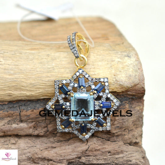Blue Topaz Flower Pendant, Sapphire Gemstone Jewelry, 925 Silver Pendant, Gold Plated Pave Diamond Jewelry, 16" Link Chain Pendant Necklace