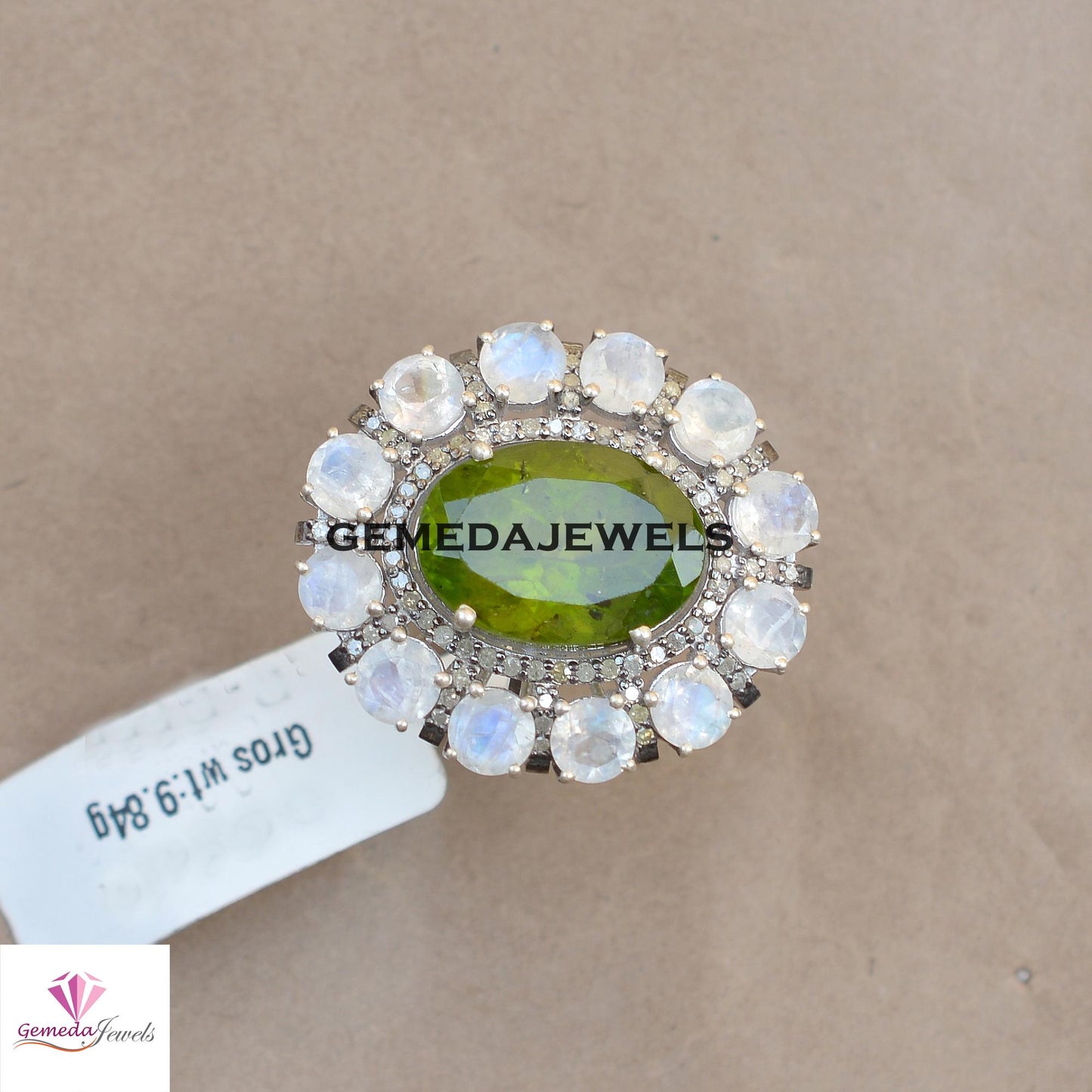 Sale! Green Peridot Gemstone Ring, Moonstone 925 Silver Ring, Pave Diamond Jewelry, Gemstone Diamond Ring, Flower Ring Jewelry, Gift For Her