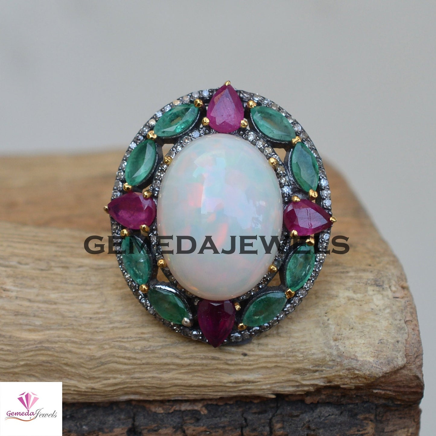 Genuine Opal Floral Ring, Pave Diamond Ring, 925 Sterling Silver Ring, Rhodium Plated Jewelry, Ruby Gemstone Ring, Emerald Silver Ring, Gift