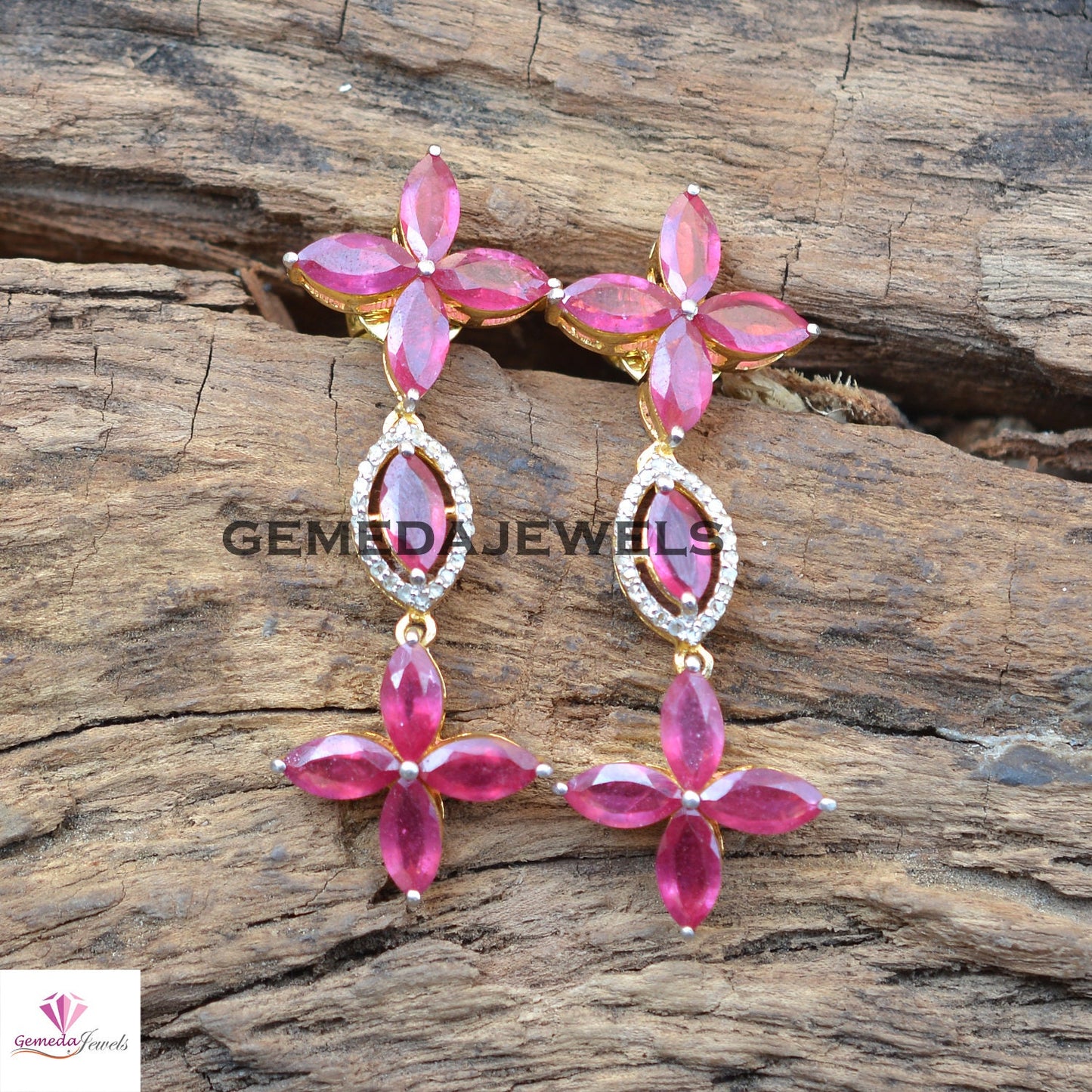 Sale!! Ruby Jewelry Set, Gemstone Flower Jewelry, Pave Diamond 22" Necklace, Earrings Necklace Jewelry Set, 925 Silver Jewelry, Gift For Her