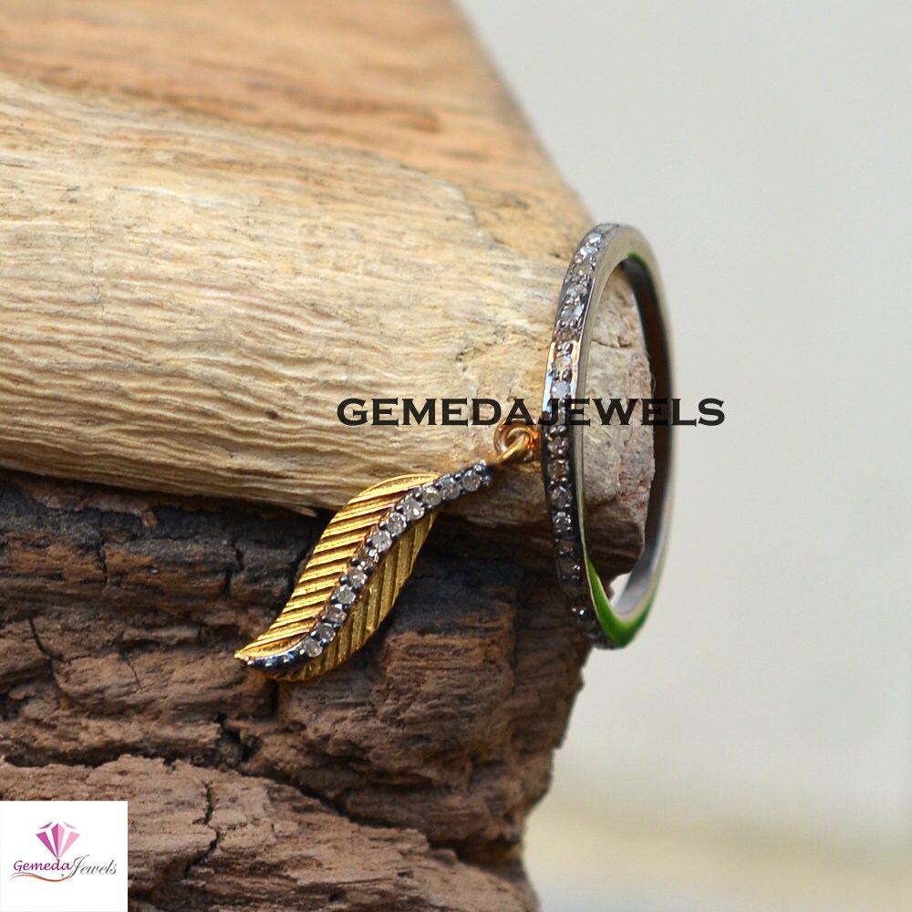 Pave Diamond Band Ring, 14k Gold Plated Leaf Connector Ring, 925 Sterling Silver Jewelry, Leaf Band Ring Jewelry, Diamond JEWELLERY, Gift