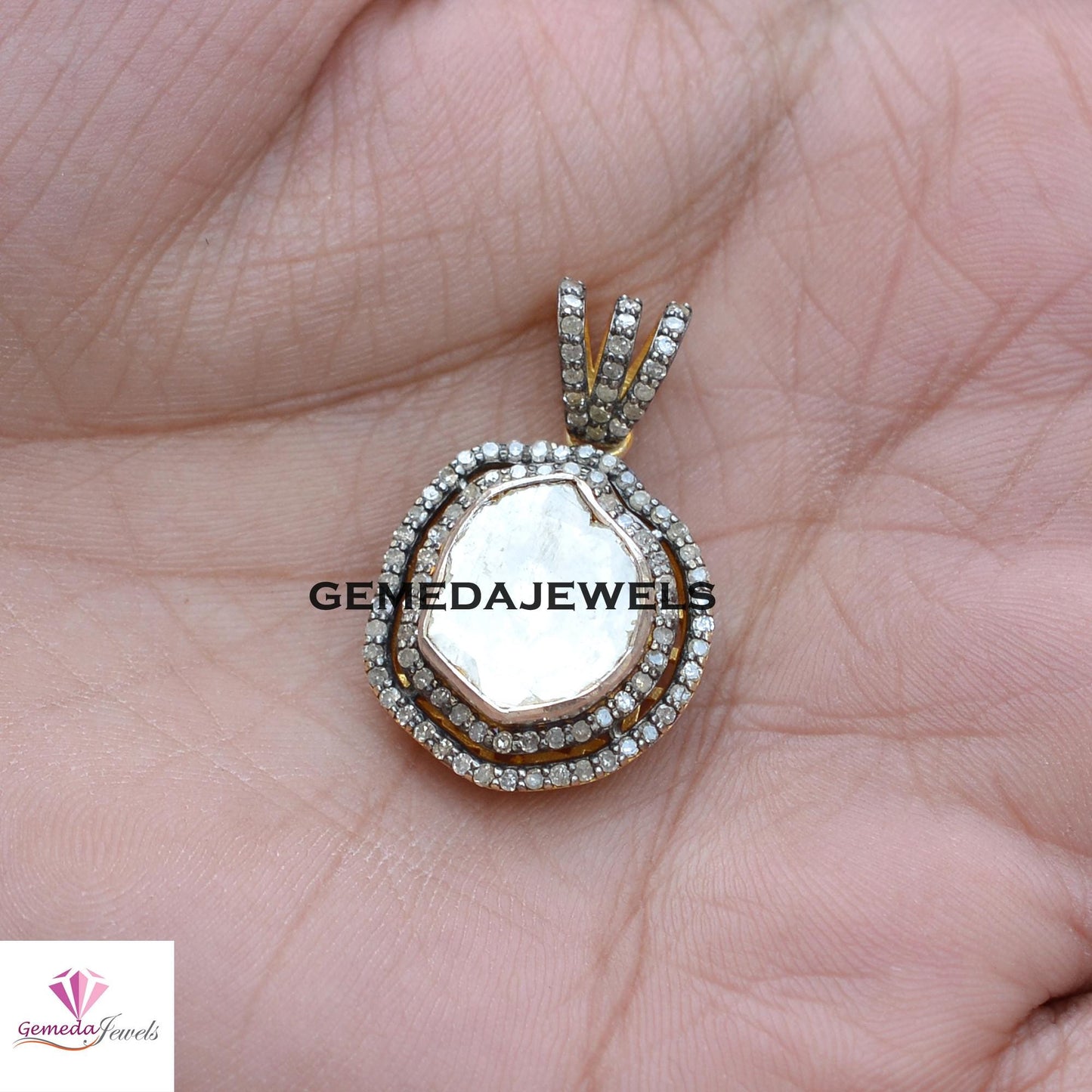 Sale Polki Diamond Pendant, 14k Gold Plated Jewelry, 925 Silver Pendant, Pave Diamond Jewelry, 16" Link Chain Necklace Jewelry, Wedding Gift