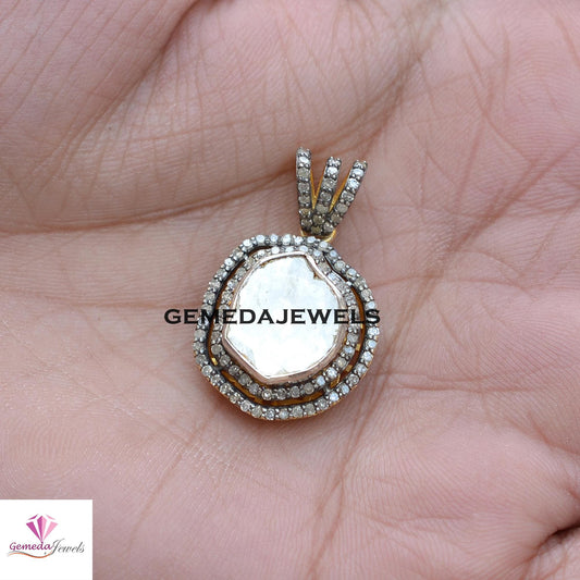 Sale Polki Diamond Pendant, 14k Gold Plated Jewelry, 925 Silver Pendant, Pave Diamond Jewelry, 16" Link Chain Necklace Jewelry, Wedding Gift