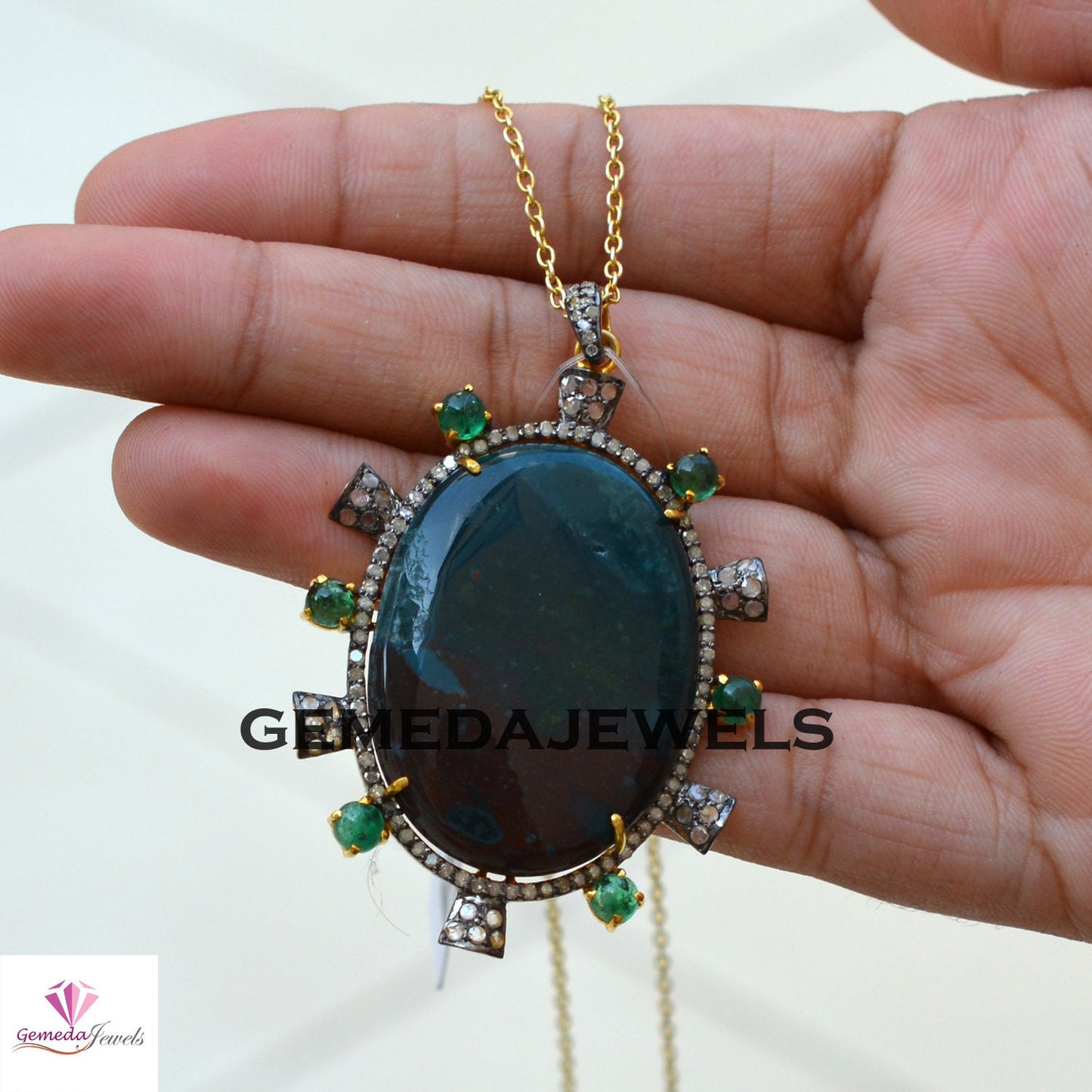 Beautiful Jasper Gemstone Pendant, Emerald Pendant, Pave Diamond Jewelry, 925 Silver Jewelry, 14k Gold Vermeil Pendant, 16" Chain Necklace
