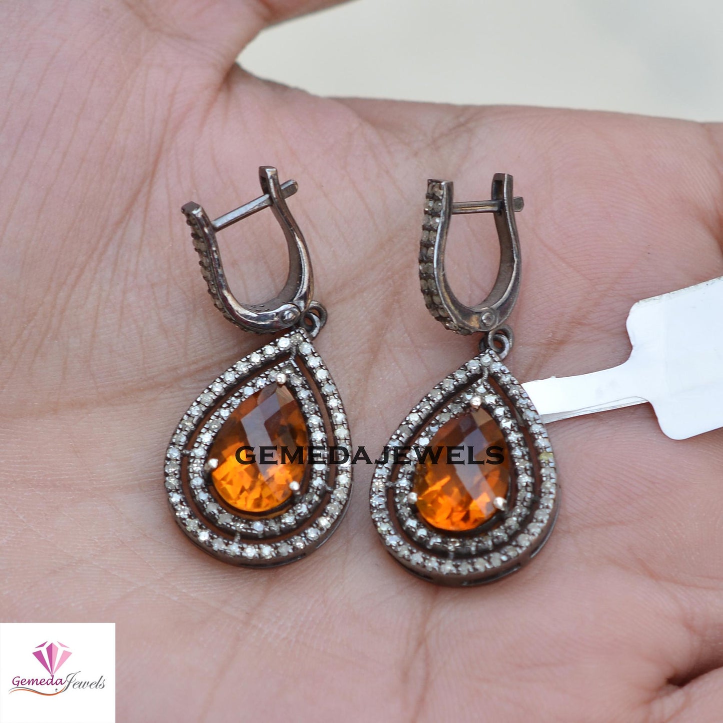 Sale!! Stunning Citrine Gemstone Earrings, Oxidized 925 Silver Jewelry, Pave Diamond Earrings, Gemstone Jewellery, Women's Gift Jewelry