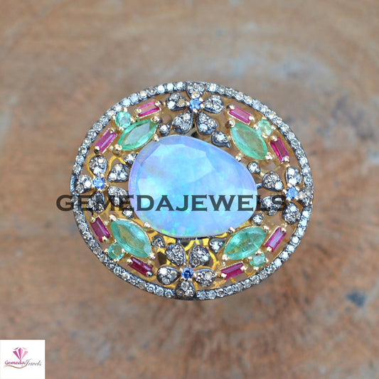 Opal Slice Gemstone Ring, Diamond Flower 925 Silver Ring, Emerald Gemstone Jewelry, 14k Gold Vermeil Ring, Ruby Gemstone Ring, Gifts For Her