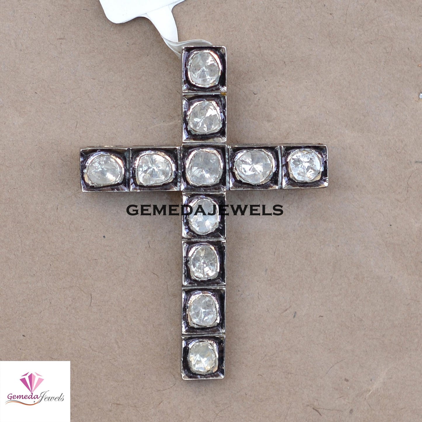 Sale!! Polki Diamond Cross Pendant, 925 Sterling Silver Jewelry, Gray Rhodium Plated Pendant, 16" Link Chain Necklace, Religious Jewelry