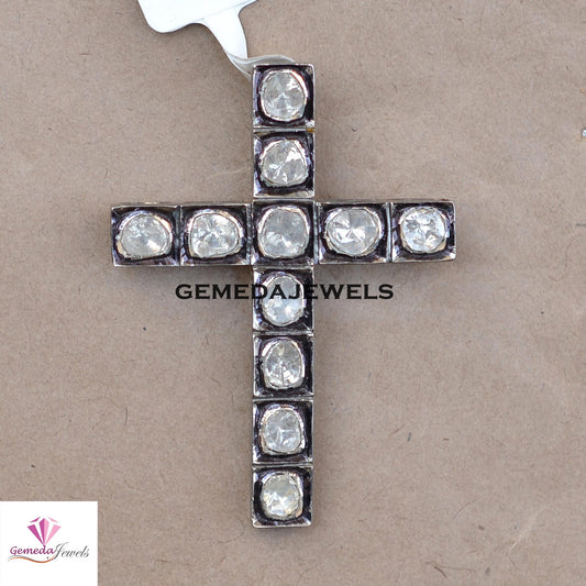 Sale!! Polki Diamond Cross Pendant, 925 Sterling Silver Jewelry, Gray Rhodium Plated Pendant, 16" Link Chain Necklace, Religious Jewelry