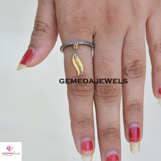 Pave Diamond Band Ring, 14k Gold Plated Leaf Connector Ring, 925 Sterling Silver Jewelry, Leaf Band Ring Jewelry, Diamond JEWELLERY, Gift