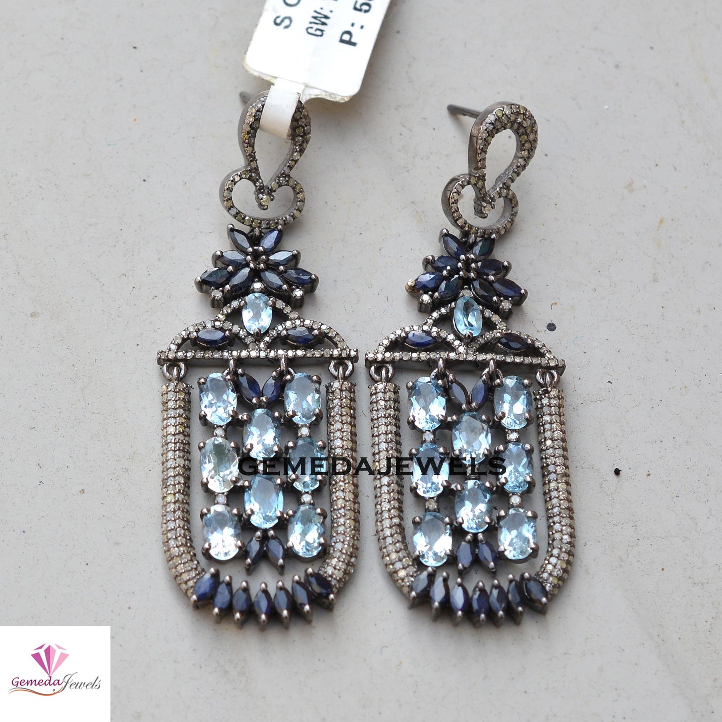 Sale Blue Topaz Designer Earrings, Sapphire Gemstone Jewelry, Rhodium Plated 925 Silver Earring, Pave Diamond Earrings, Women's Gift Jewelry