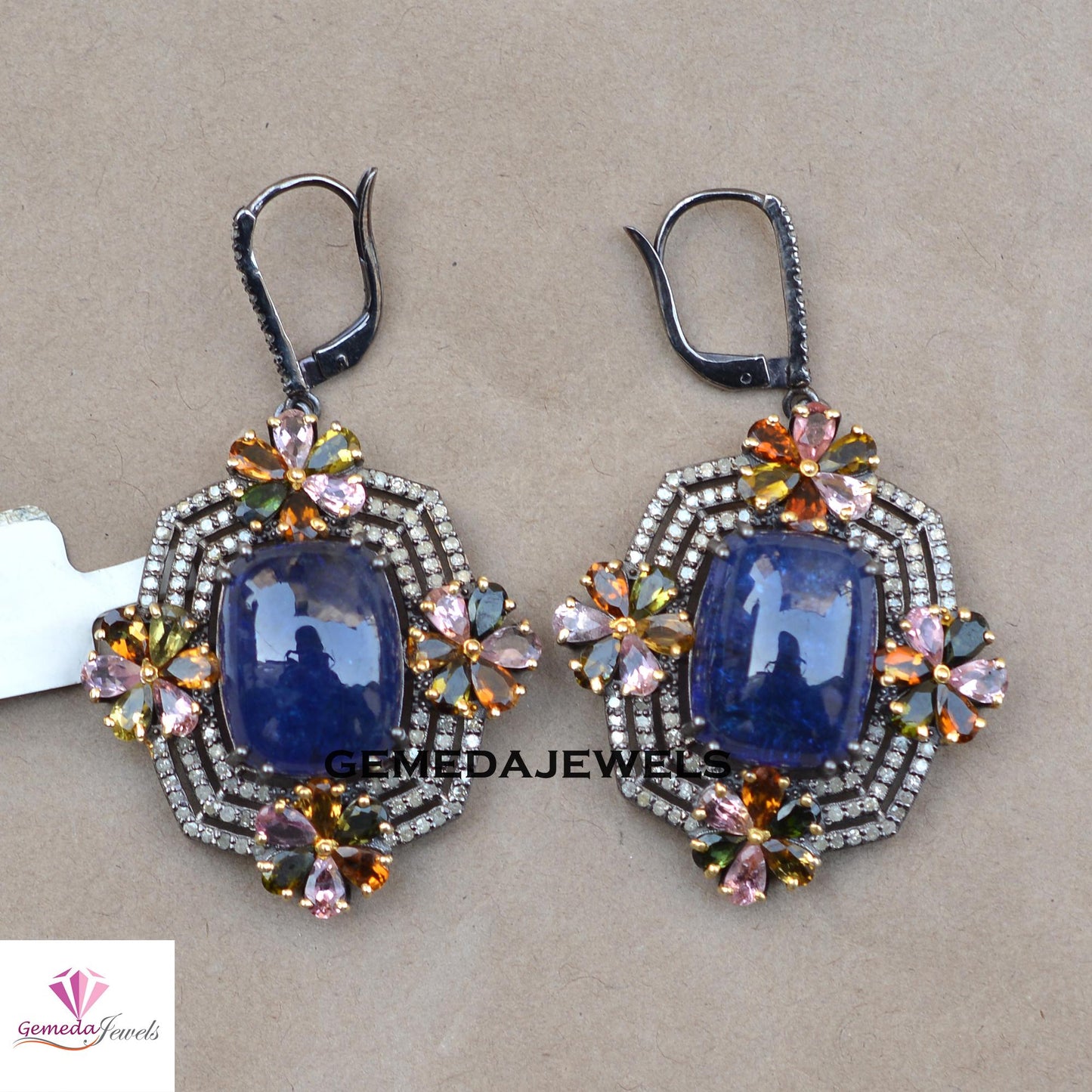 Natural Tanzanite Gemstone Jewelry Set, Tourmaline Gemstone Flower, Pave Diamond Silver Jewelry, Gemstone Ring Earrings Set, Wedding Jewelry