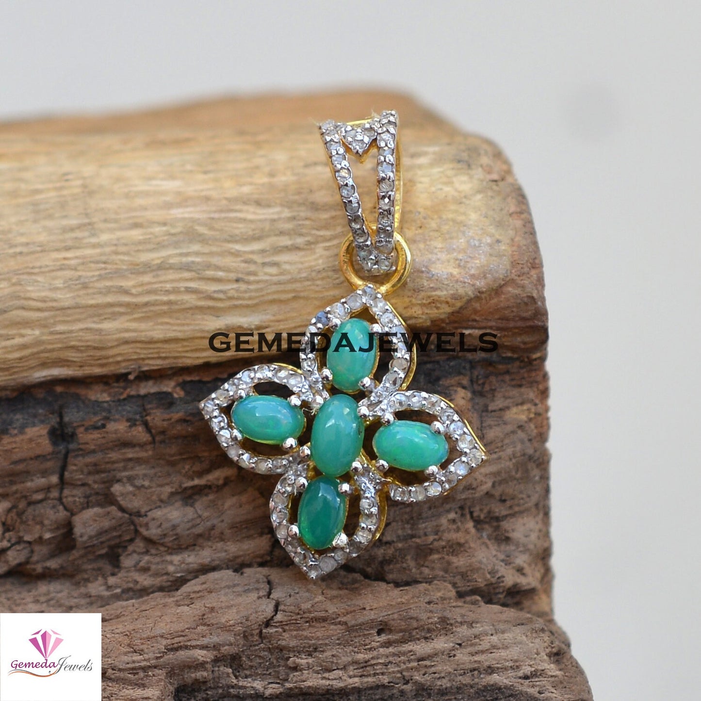 Charming Green Opal Pendant, Pave Diamond Pendant, 925 Silver Jewelry, 14k Gold Vermeil Jewelry, 16" Link Chain Necklace, Flower Pendant