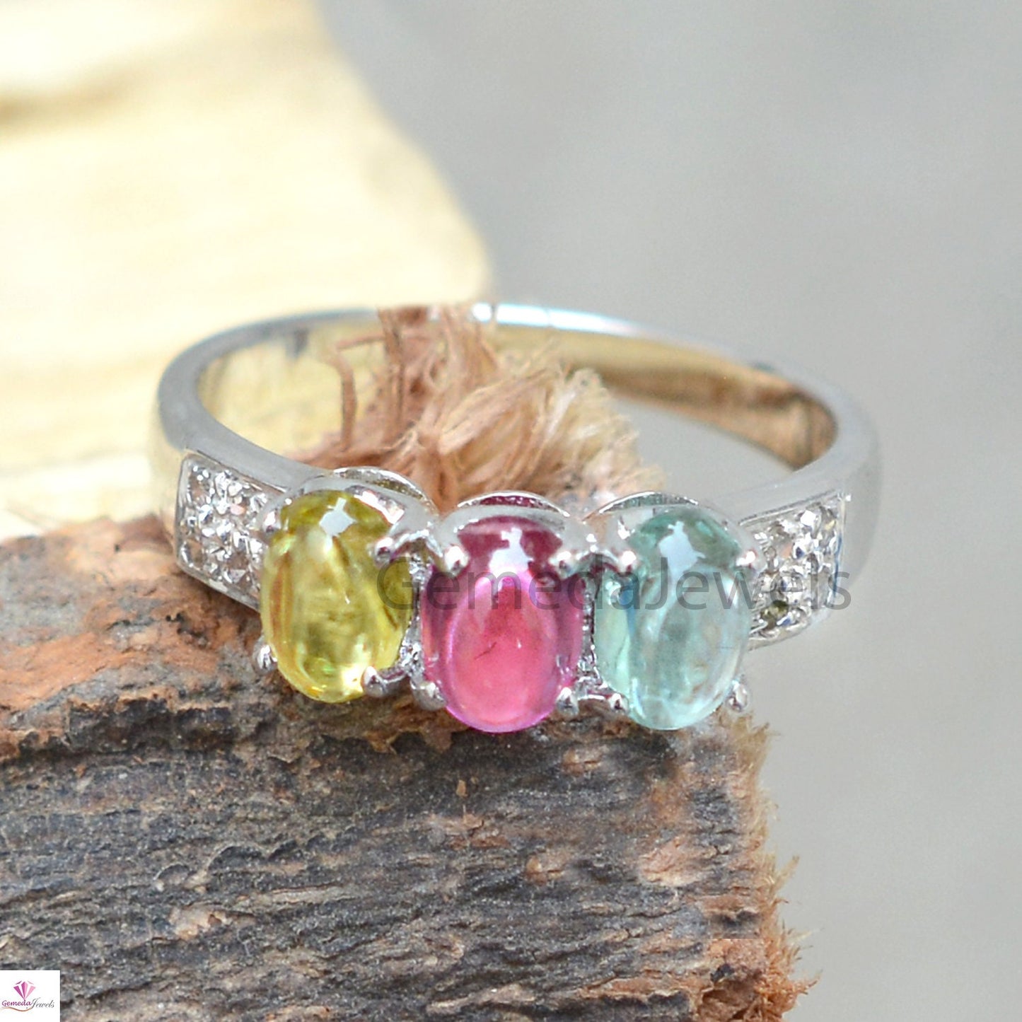 Multi Tourmaline Gemstone Ring, Oval Shape Gemstone, Pave Diamond Ring, 925 Sterling Silver Jewelry, Stacking Ring, Anniversary Gift For Her