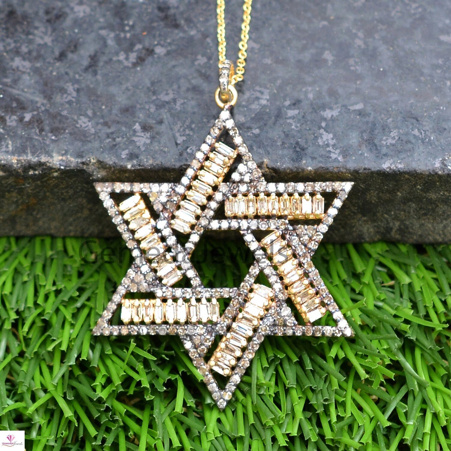 Sale Baguette Diamond Star Pendant, Pave Diamond Handmade Jewelry, 925 Silver Pendant, Star of David Pendant Necklace, 16" Link Chain, Gifts